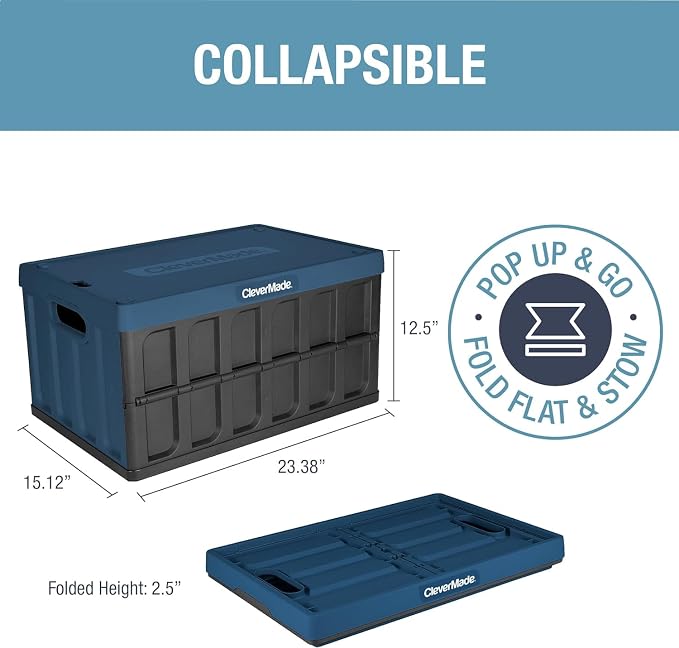 CleverMade Collapsible Storage Bins (with Lids), 62L, 3 Pack - Ocean | Store Bigger Loads Under a Secure Lid | Each Bin Holds 100 lb, Stacks Neatly, and Folds to 2.5 Inches When Empty