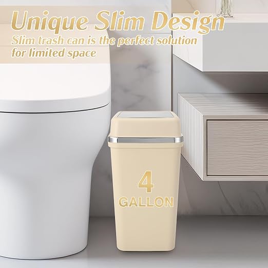 Bathroom Trash Can with Lid 4 Gallon Trash Can Beige Trash Can with Swing Lid Small Garbage Can with 150 Counts Trash Bags for Bathroom Bedroom Office Restroom Dorm