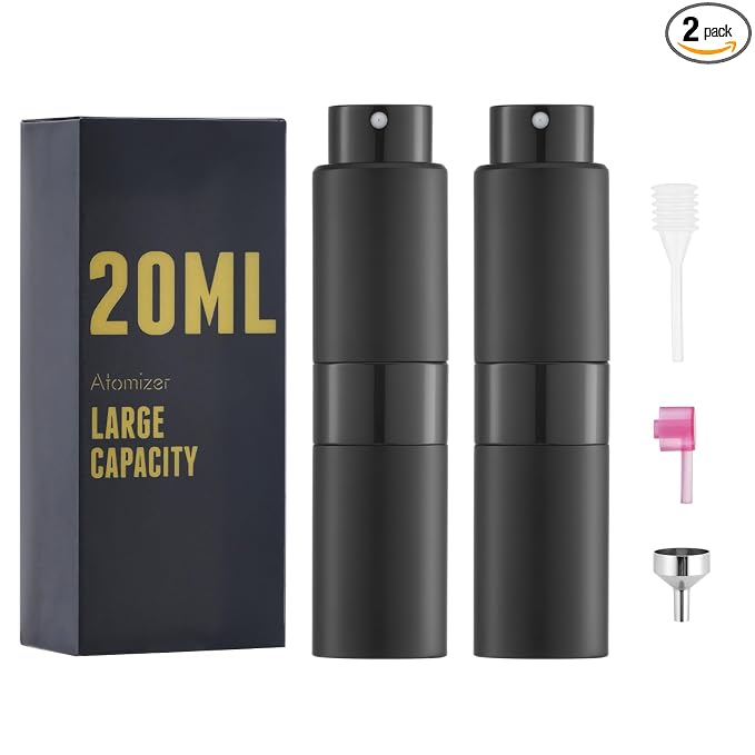 Travel Perfume Bottle Refillable 20ml, Cologne Spray Atomizer Large, 2PCS | Empty spray for fragrance, leak proof, mini size, twist up, portable, refill small decanter, for men & women, TSA friendly