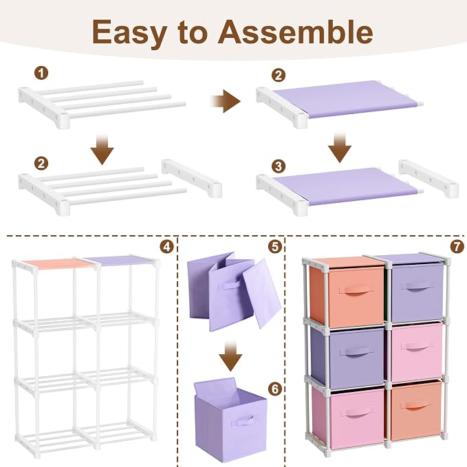 Briwooody 6 Cube Storage Organizer Bins with Shelf, Pink,Purple,Orange | 11x11'', Storage Organizer, Toy Storage Box, Back to School, Dorm Organizer, Fabric Drawers, Playroom Bedroom Storage Cabinet