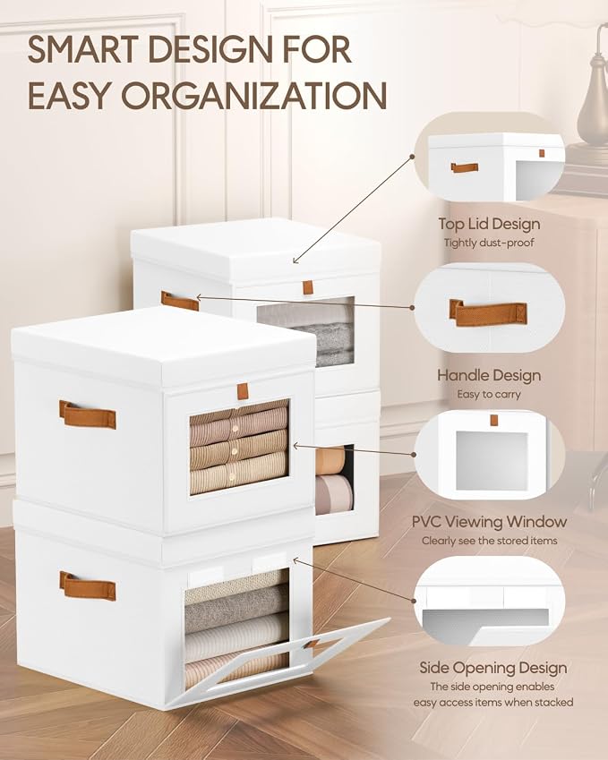 Storage Bins with Lid – Closet Organizer with Side Opening and Clear Window, Foldable Stackable Fabric Basket for Clothes, Home, Office - 13.77" x 11.8" x 9.8", 3 Pack, White