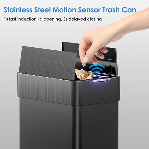 TLSUNNY 13.2 Gallon Automatic Trash Can, Motion Sensor Garbage bin | Stainless Steel Smart Trash Can W/ Butterfly Lid, Bag Retainer Ring for Living Room, Kitchen, Office (Black, 50L)