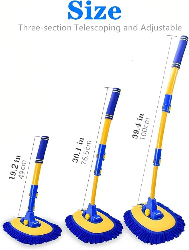 MVEQRRN 15°Curved Chenille Car Wash Brush Mop with Long Handle(Blue) | Chenille car wash mop accessories, cleaning brush supplies, microfiber replacement head, for cars trucks RV