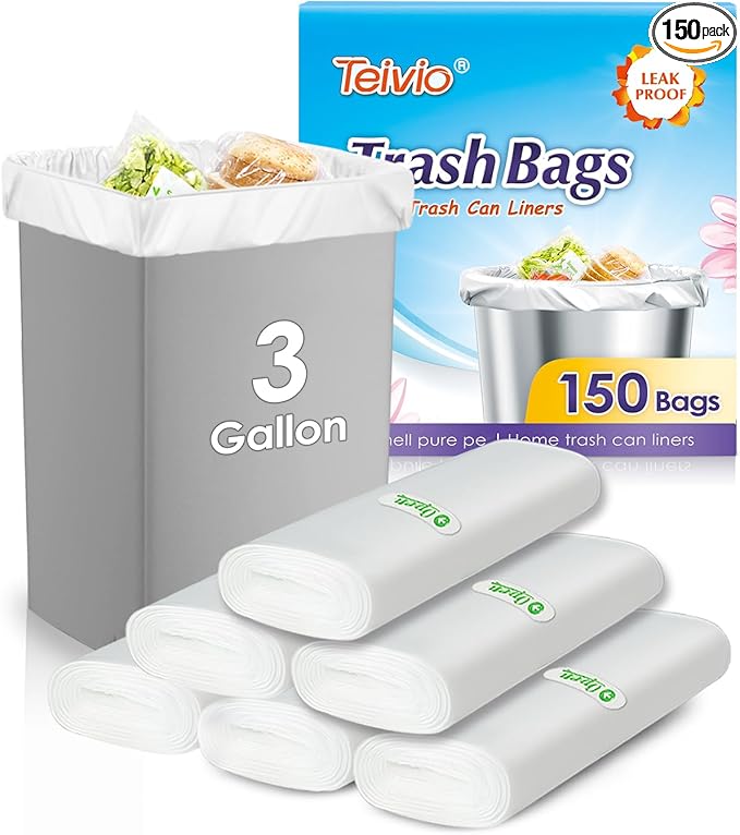 Teivio 3 Gallon 150 Counts Small Trash Bags Garbage Bags, Bathroom Trash Can Bin Liners, Small Plastic Bags for Home Office Kitchen Kitchen, Clear | Fit 10-12 Liters,2.5,2.6,2.8Gal,Mini Plastic Waste Basket Bins Can Liners for Home Bathroom Office Car ...