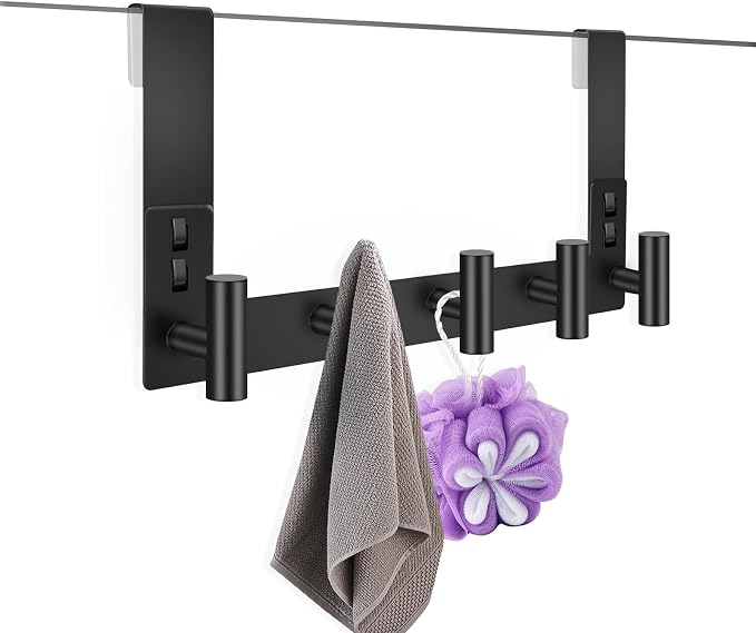 PMMASTO 7.5 Inch Hanger for 3/8 Inch Glass, Black- 5 Hooks, T Shape | Stainless Steel Hooks Organize Towels And Robes on Frameless Glass Shower Doors in Bathrooms