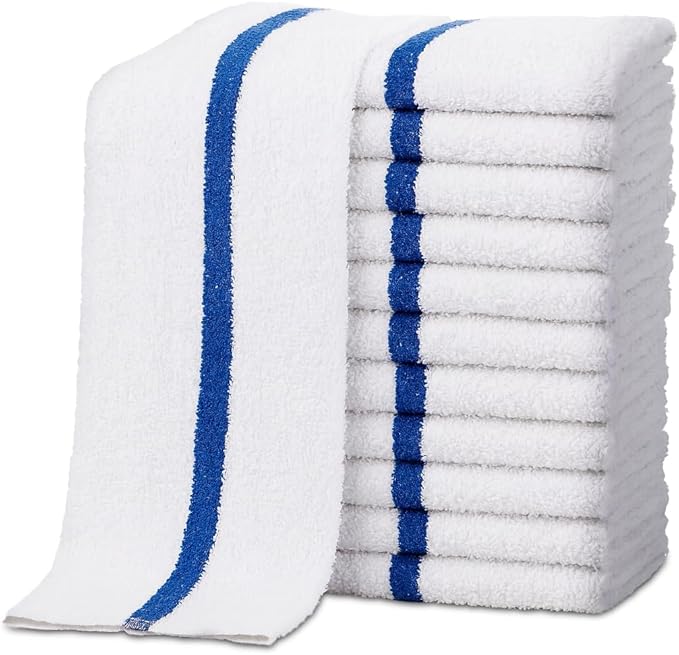 ZUPERIA Bar Mop Towels - 12 Pack (16"x19") - 100% Cotton High Absorbency Kitchen Towels – Reusable Dish Cloths, Quick-Dry Rags with Blue Stripe – Ideal for Restaurants, Cooks, Bartenders & Homes
