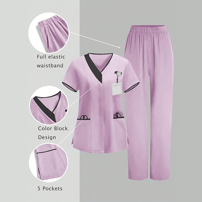 2026 Scrub for Cleaning Jobs Uniform, Multi Pockets Scrubs for Women Sets, V-Neck Top & Straight Leg Pants Scrubs Set
