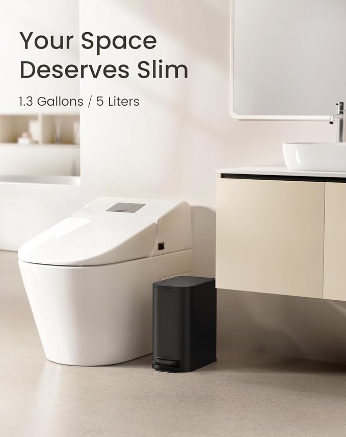 Cesun Small Black Bathroom Trash Can with Lid Soft Close & Pedal, 1.3 Gal | Removable Inner Bucket, Slim Stainless Steel Garbage Can for Bedroom/Office, Included 5 Trash Bags, Hidden Bag, Built to Last
