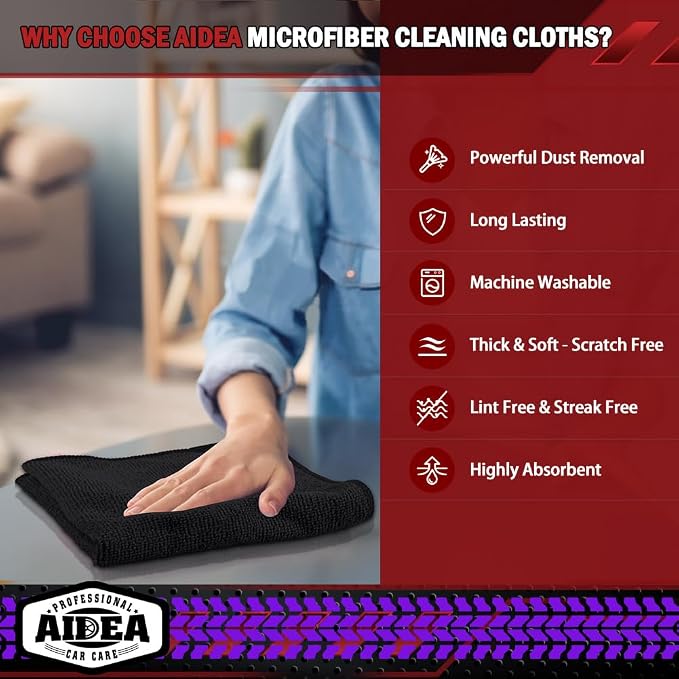 AIDEA Microfiber Cleaning Cloth Black 50PK, Cleaning Rags 12×12" | Microfiber Towels for Cars, Dusting Cloth Lint Free Microfiber Rags, Cleaning Towels for SUVs, House, Kitchen, Workshops