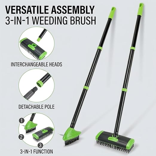 3-in-1 Deck Brush with Long Handle, Weed Brush | 3-in-1 outdoor brush with steel bristles, weed hook & long handle for cleaning patios, decks, driveways and cracks