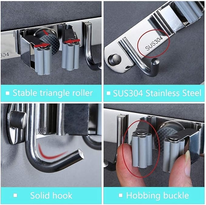 Broom Mop Holder Wall Mount Tool Hanger Organizer (4 Racks 5 Hooks) | Stainless Steel，for Home, Kitchen, Garage, Garden, Laundry Room, Bathroom Organization and Storage