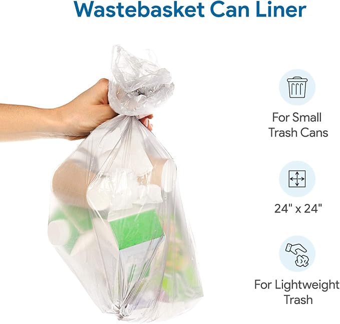 7-10 Gallon Clear Garbage Can Liners, 50 Count - Small - Medium Trash Can Liners - High Density, Thin, Lightweight, 8 Microns - For Office, Home, Hospital Wastebaskets - 1 Coreless Roll