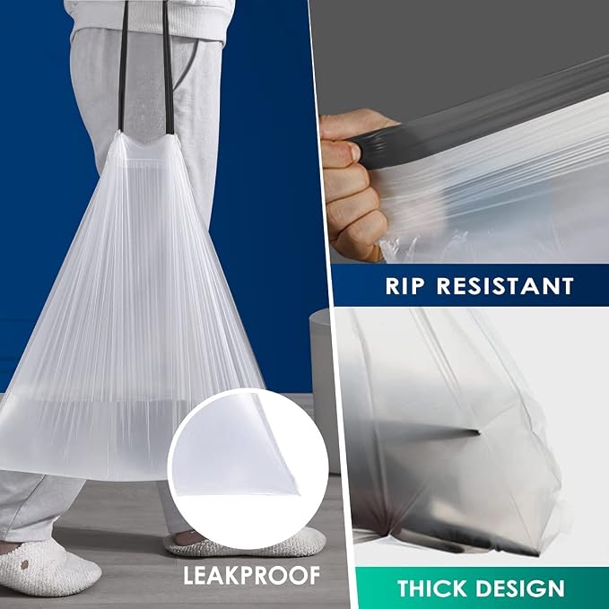 Medium 10 Gallon White Drawstring Trash Bags, 1.6Mil, 200 Count | Garbage Bags Fit 35-40l Kitchen Trash Cans, leak Proof & Tear Free Sturdy Drawstring For Home, Office, Outdoor Waste
