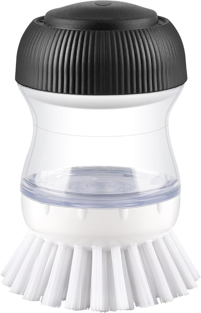 OYV Soap Dispensing Palm Brush, 1-Pack Dish Scrub Brush, Black/Clear/White | Dish Brush with Soap Dispenser, Non-Scratch Nylon Bristles, For Dishes, Pots, Pans And Sinks