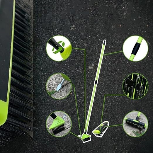 SakerPlus 3-in-1 Versatile Weed Brush Combo Set with Long Handle (2) | Crack Weeder Brush, Wire Floor Scrubber, Triangular Brush, Scraper, Steel Wire Bristles for Patio, Driveway, Deck