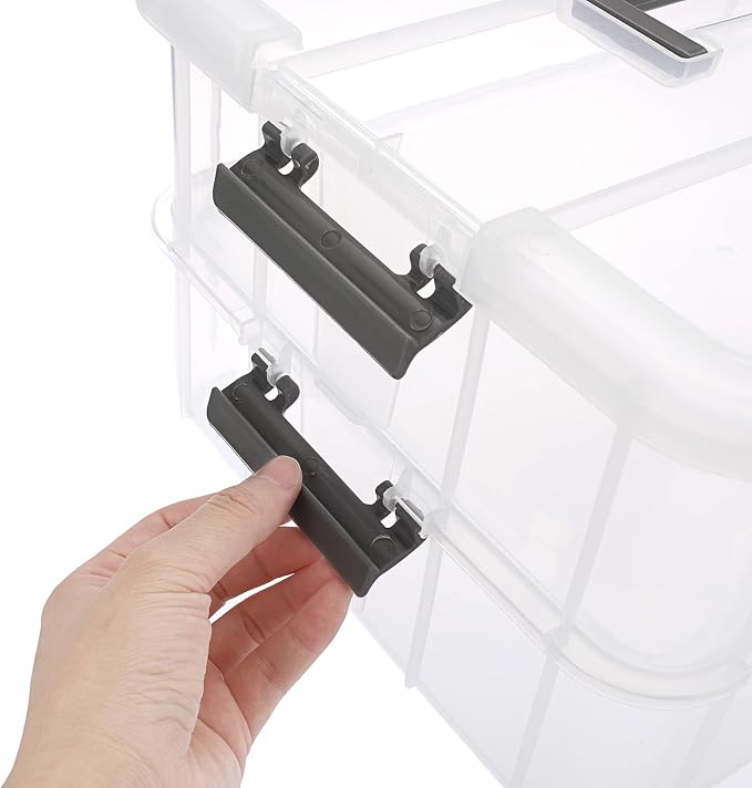 BTSKY 2 Layer Stack & Carry Box, Plastic Multipurpose Portable Storage Container Box Handled Organizer Storage Box for Organizing Stationery, Sewing, Art Craft, Jewelry and Beauty Supplies Dark Grey | Multipurpose Craft Organizers and Storage for Organ...