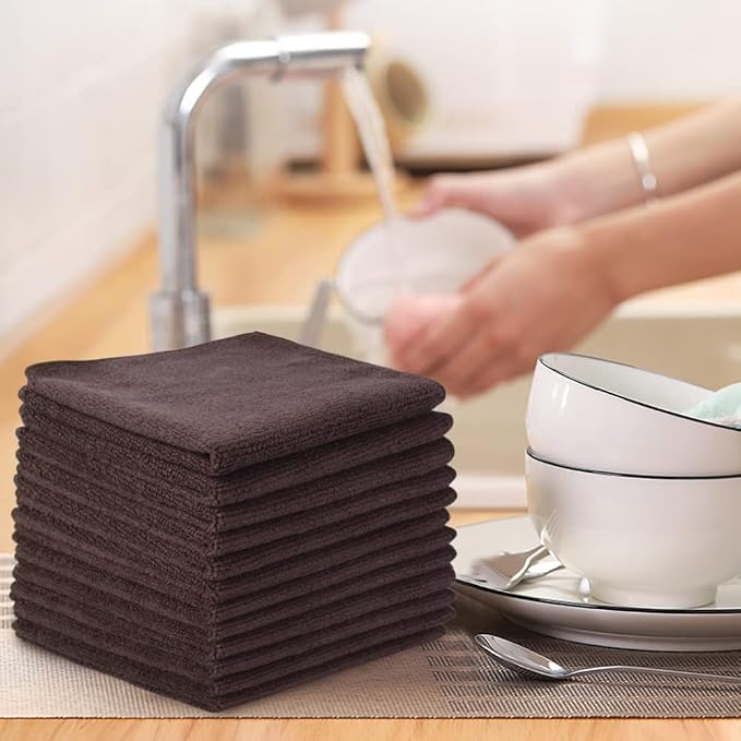 Microfiber Dish Cloth Kitchen Cleaning Cloth 12x12In 12 Pack Brown | Absorbent, No Streak, Dish Rags, Lens, Cloths
