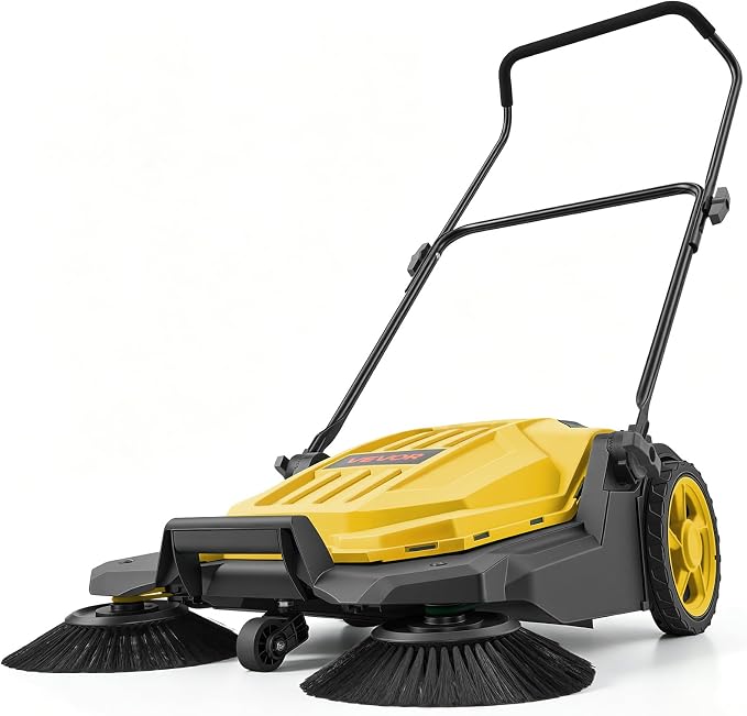 VEVOR Walk-Behind Hand Push Floor Sweeper, Manual Floor Sweeper Non-Electric with 25.6" Sweeping Width, 5 Gallons Waste Container & Adjustable Folding Handle for Yards Walkways Patios Garages - Yellow | 5 Gallons Waste Container & Adjustable Folding Ha...