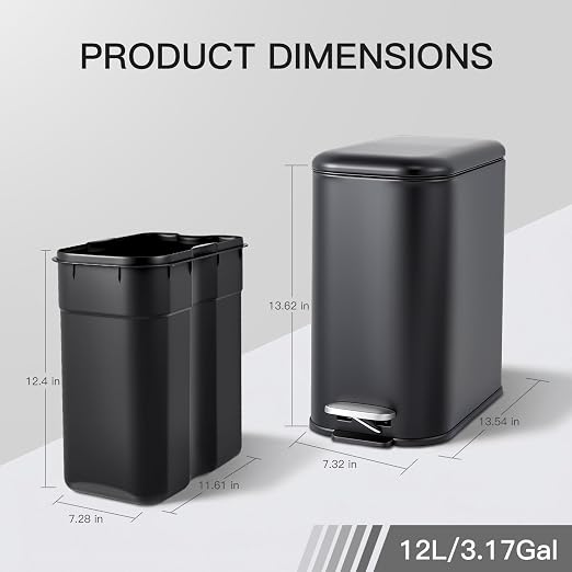 3.2 Gallon/12L Stainless Steel Step Trash Can, Soft Close Pedal Garbage Bin with Detachable Inner Bucket,Fingerprint Resistant,Dual-Use Waste & Recycling Container for Home Kitchen, Bathroom and Offic