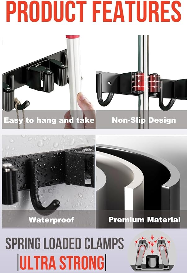 Mop and Broom Holder Wall Mount, Upgraded Broom Hanger Wall Mount, Stainless Steel Broom Organizer for Closet Garage Laundry Room Kitchen Wall Decor(3Racks 4Hooks Black)