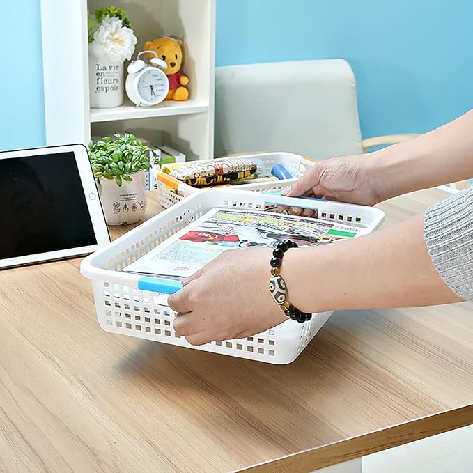 Lawei 8 Pack Large Plastic Storage Basket with Handle - 15 x 10 x 3 Inch Pantry Organizer Basket Bins Desktop Paper Storage Basket for Organization, Countertops, Cabinets, Bedrooms, Bathrooms