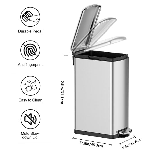 8Gal/30L Slim Kitchen Trash Can, Skinny Stainless Steel Garbage Can with Removable Inner Bucket & Soft Close Lid, Narrow Trash Bin for Bathroom Living Room Office, Silver