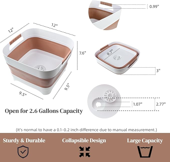 GIMWA 2.6 Gal(10L) Collapsible Wash Basin for Baby Bottles, Space-Saving Collapsible Dish Basin with Drain Plug for Bottle Washing, Collapsible Bucket for RV Kitchen Essentials (Brown)