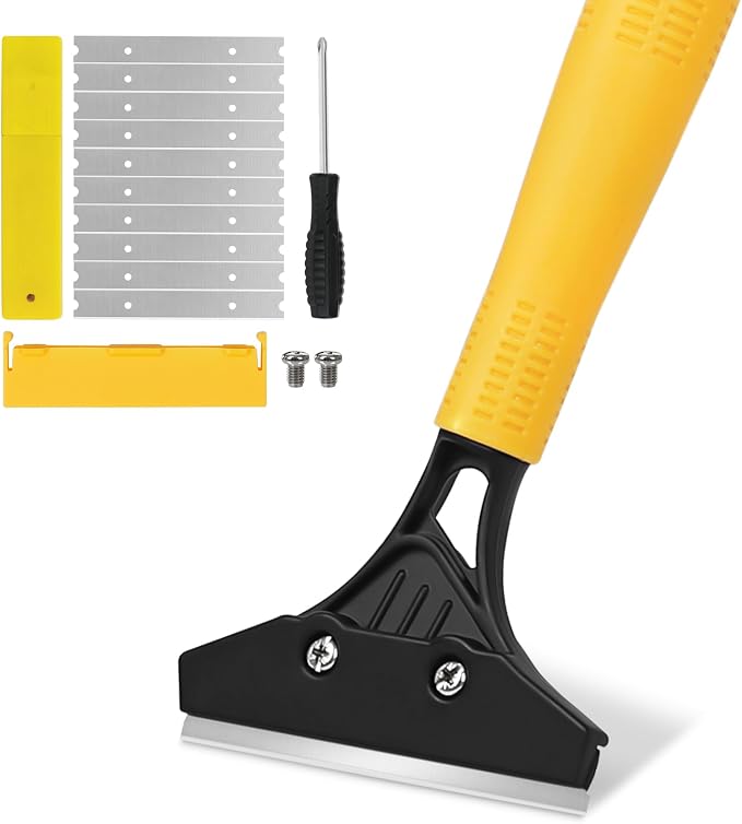 Heavy Duty Floor Scraper with 44.5” long handle, 4” Scraper Tool with 10 Replacement Metal Razor Blades, Paint Scraper for Cleaning Gum Glass Wall Tile Glue Linoleum Stove Top