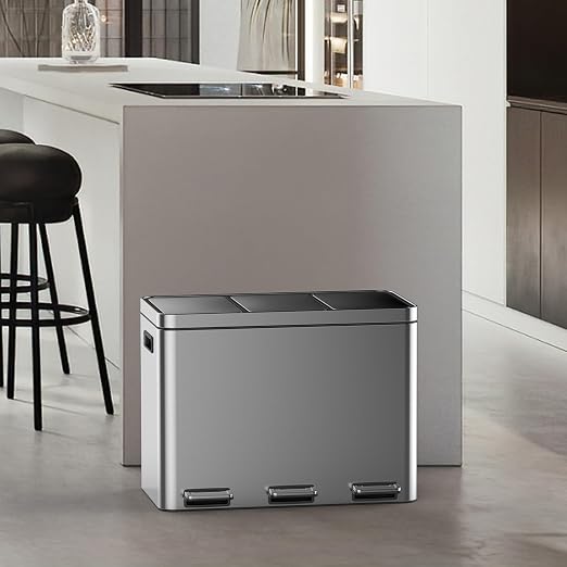 Garvee 12Gal 3-Compartment Kitchen Trash & Recycle Bin Stainless Steel | Fingerprint-Proof, Whisper-Quiet Soft-Close Lid, Removable Inner Buckets, for Kitchen & Office