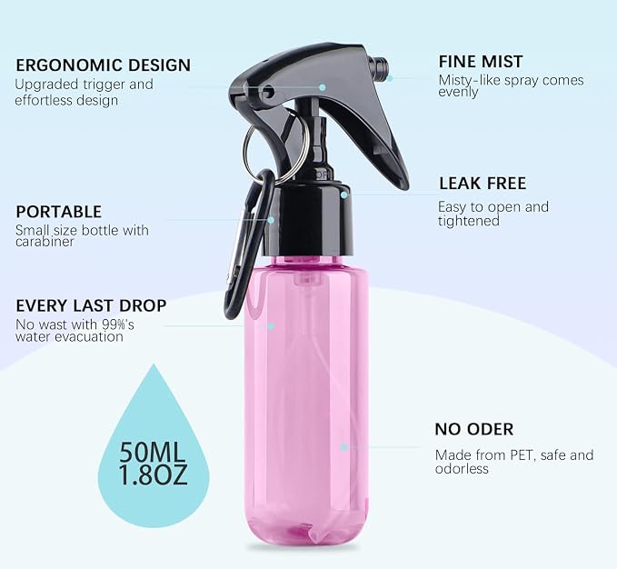 TANSHINE Small Spray Bottle 50ml, Travel Size Mini Mist Water Spray Bottles, Portable Hand Sanitiser Alcohol Fine Spray Bottle, Plastic Refillable Empty Face Mister Spray Bottles with Clip, 2oz/5pcs