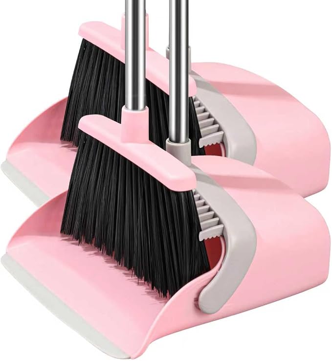 2-Pack Broom with Dustpan Combo Set, Hand Broom and Dustpan Set for Sweeping Indoor Angle Broom for Home Office Kitchen Lobby Floor Pet Hair Indoor&Outdoor Cleaning (Pink&Gray)(2-Pack)