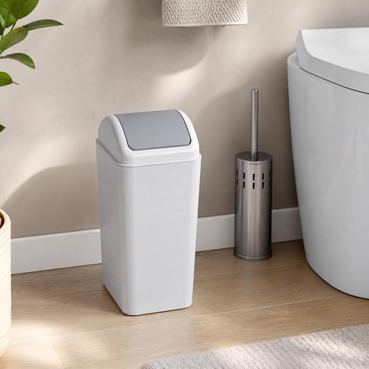 4.5 Gallon Plastic Swing Top Slim Trash Can, Garbage Bin with Lid | Gray Swing Lid Garbage Can, Small Wastebasket
