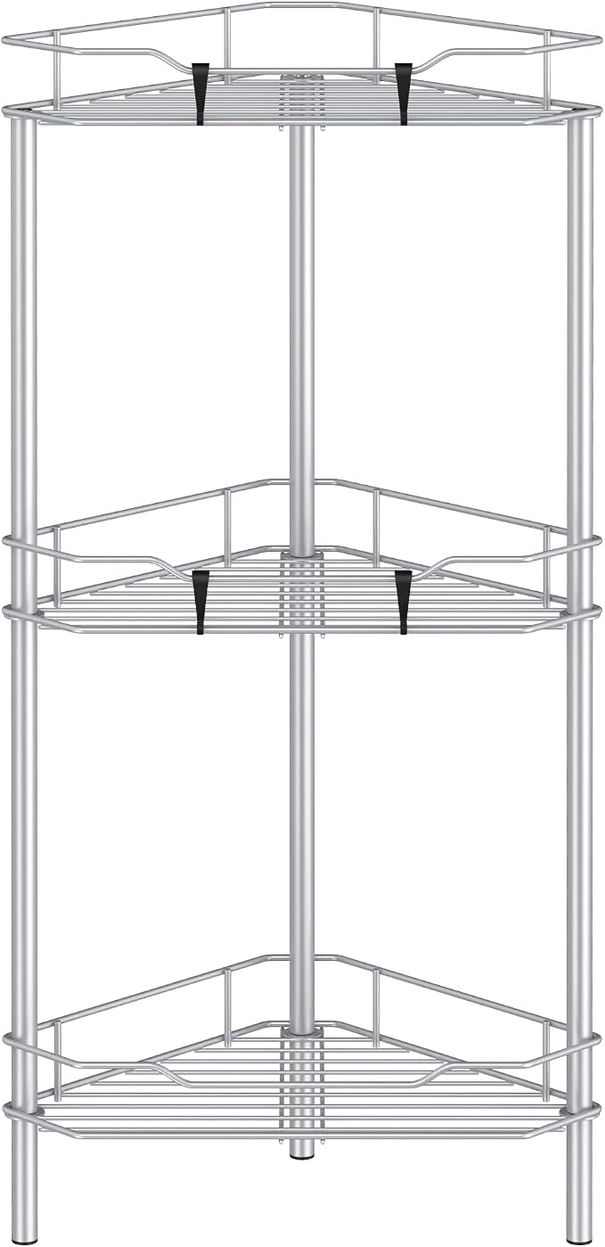 HuggieGems Metal Floor Standing Corner Shower Caddy, Silver, 3 Tier | Adhesive Bathroom Organizer Shelves, Free Standing Shower Rack with Hooks, Hold Large Shampoo Bottles