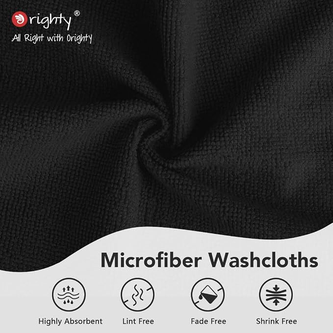 Orighty Washcloths Bulk, 200 Pack Microfiber Face Towels, 12x12 Inch Black | Highly Absorbent & Soft Feel, Multi-Purpose Wash Cloths & Hand Towels for Bathroom, Hotel, Spa, and Gym