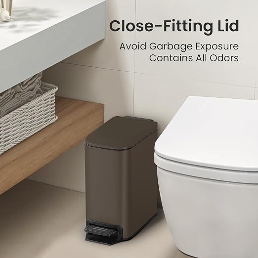 Cesun Small Bathroom Trash Can with Lid, 1.6 Gal, Soft Close, Brown | Step pedal soft close, Slim 5.9in fits narrow spaces, Stainless steel, Anti-fingerprint, Removable inner bucket, Odor seal