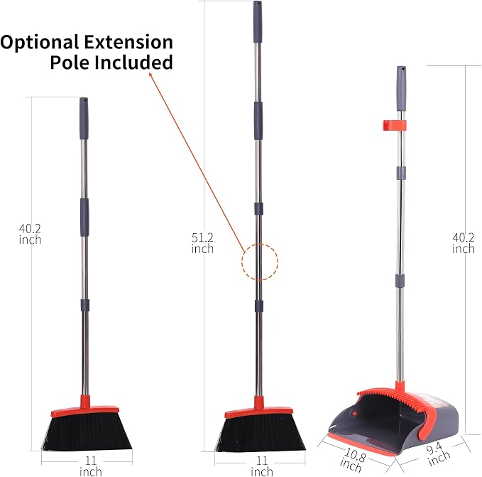 Broom and Dustpan Set 52-in Long Adjustable Handle Broom Dustpan Combo | Upright Dustpan with Teeth to Automatically Clean Hair, Suitable for Home Kitchen Office Hall Floor Lobby(Purple&Red)