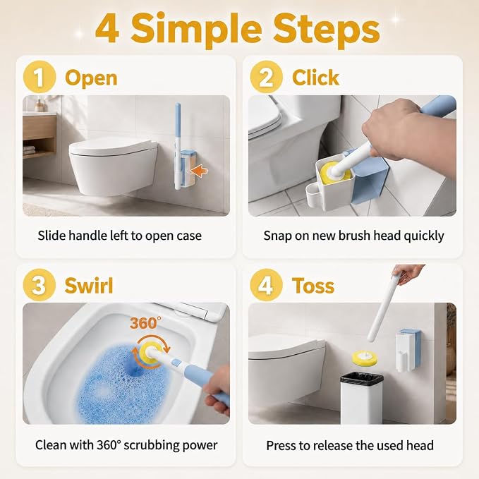 Disposable Toilet Bowl Cleaner Wand and Holder Set, Wall-Mounted | Hands Free Toilet Scrubber Wand, Bathroom Cleaning Supplies, 1 Wand and 1 Holder with 24 Yellow Refills, Light Lemon Scent