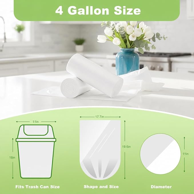 Delxo Small Trash Bags 4 Gallon, Clear Unscented Bathroom Trash Bags | 17.7 x 19.6" Small Garbage Bags for Bathroom, Bedroom, Office, Kitchen, Plastic Trash Can Liners, 100 Count