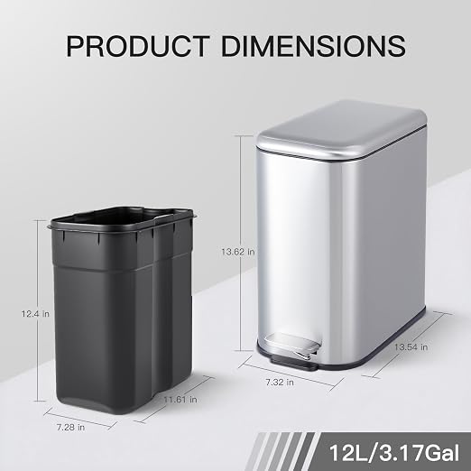 3.2 Gallon/12L Stainless Steel Step Trash Can, Soft Close Pedal Garbage Bin with Detachable Inner Bucket,Fingerprint Resistant,Dual-Use Waste & Recycling Container for Home Kitchen, Bathroom and Offic