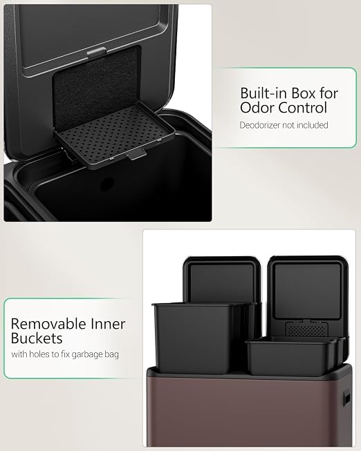 TLSUNNY 2 X 8 Gallon Double Compartments Kitchen Trash Can, Stainless Steel | Dual Trash and Recycling Bins with Odor Control, Soft-Close Lid, Removable Inner Bucket, Handle, Pedal, for Home, Brown