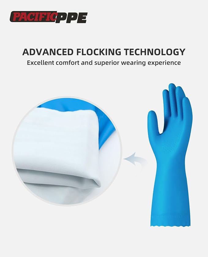 4 Pairs Dishwashing Gloves, Cotton Flocked Liner, Blue, Medium | Waterproof dishwashing gloves with non-slip grip, soft cotton lining, flexible fit for kitchen, bathroom, laundry & cleaning