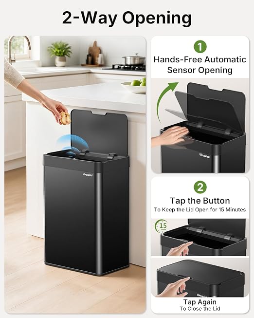 13.2 Gallon Automatic Kitchen Trash Can, Touchless Sensor Garbage Can,Black | Built‑in 1500mAh Rechargeable Battery,Stainless Steel Motion Sensor Trash Can, Silent Close Lid Smart Trash Bin for Home