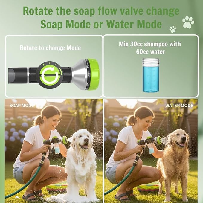 Dog Shower Attachment with Soap Dispenser for Pet Wash, 10-Function Garden Hose Sprayer Nozzle for Pet Bath, Make Washing Easy, ONE-HANDED EASY OPERATION