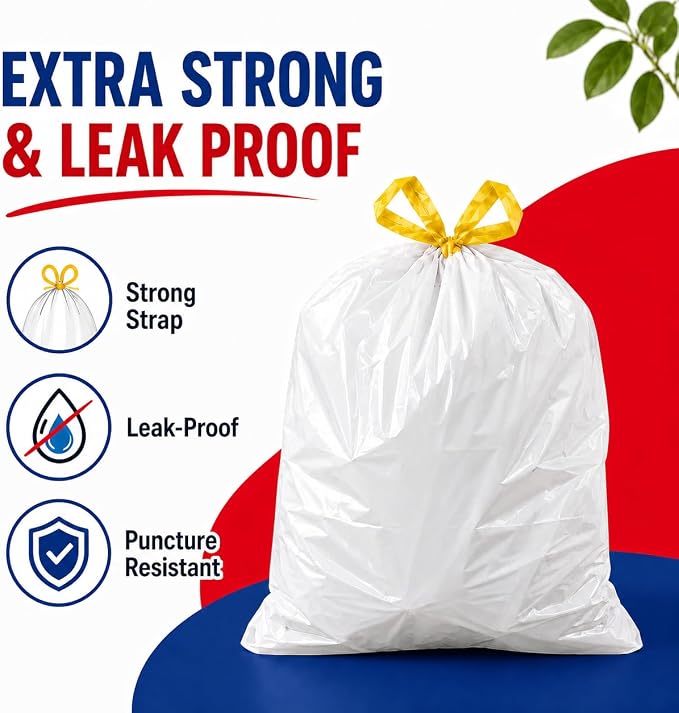 8 Gallon 100 Count Drawstring Garbage Bags, heavy duty Medium Trash Bags, Coreless Roll, Tear-Resistant Unscented for Kitchen & Household & Office.