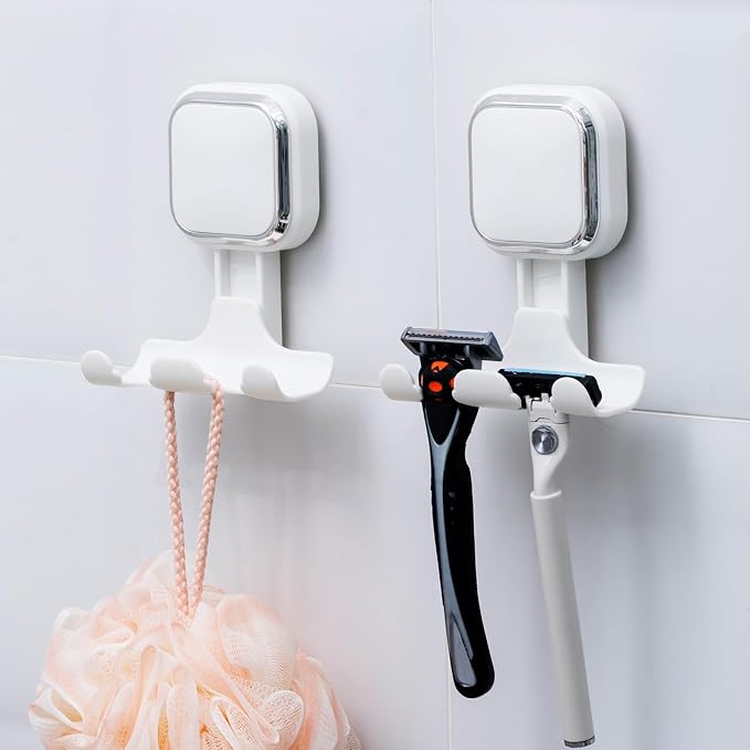 LEVERLOC 2 Pack Vacuum Suction Cup Razor Holder for Shower No Drill, White | Heavy Duty 11KG Shower Hooks for Towel, Loofah, Razor, Waterproof, Damage-Free Hanging Suction Cup, Easy to Install and Reuse