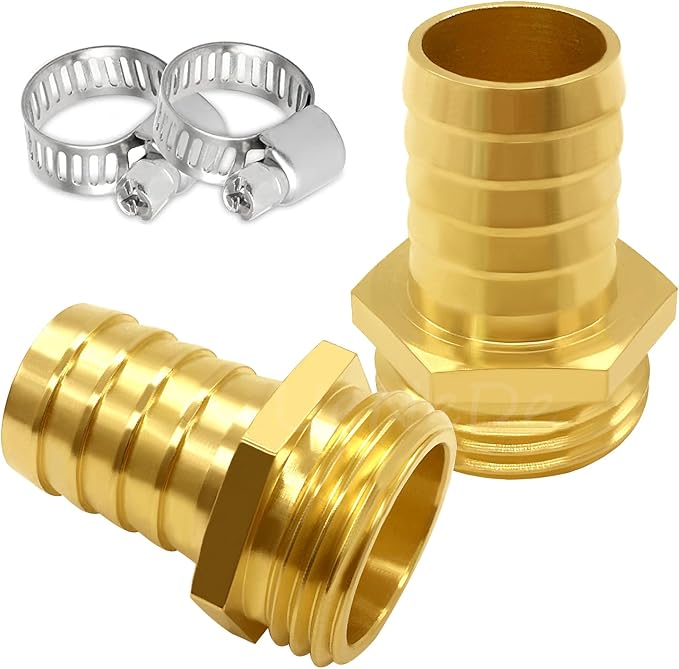Uenede Brass 5/8" Barb x 3/4" GHT Male Garden Hose End Connector, 2PCS | Splicer Mender Repair Fitting Fit for 5/8"ID Garden Hose Includes Clamps