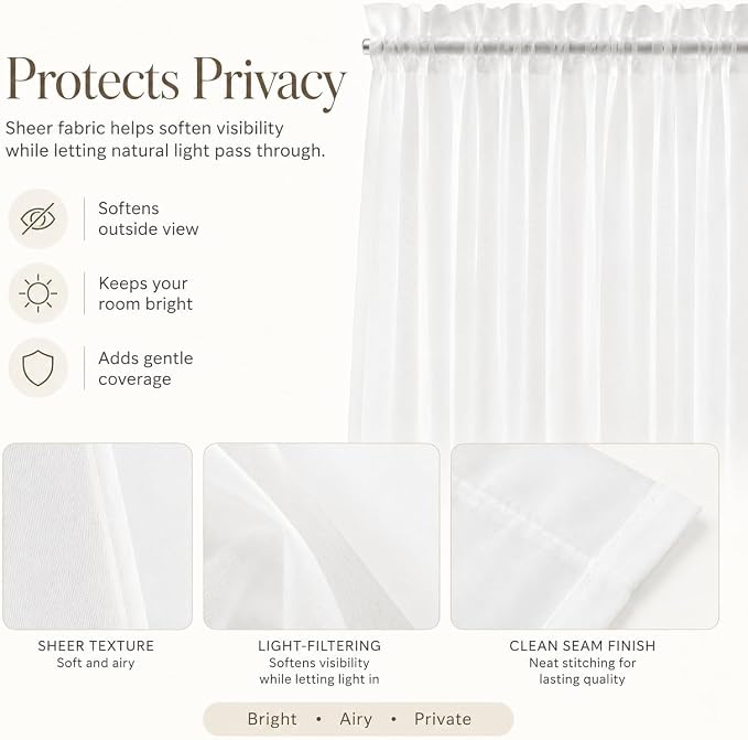 Aquazolax Rod Pocket White Sheer Curtains 72 inches Long Light Filtering Voile Curtain for French/Front Doors/Open Closet (25" Wide, 1 Panel in White, Tieback Included)