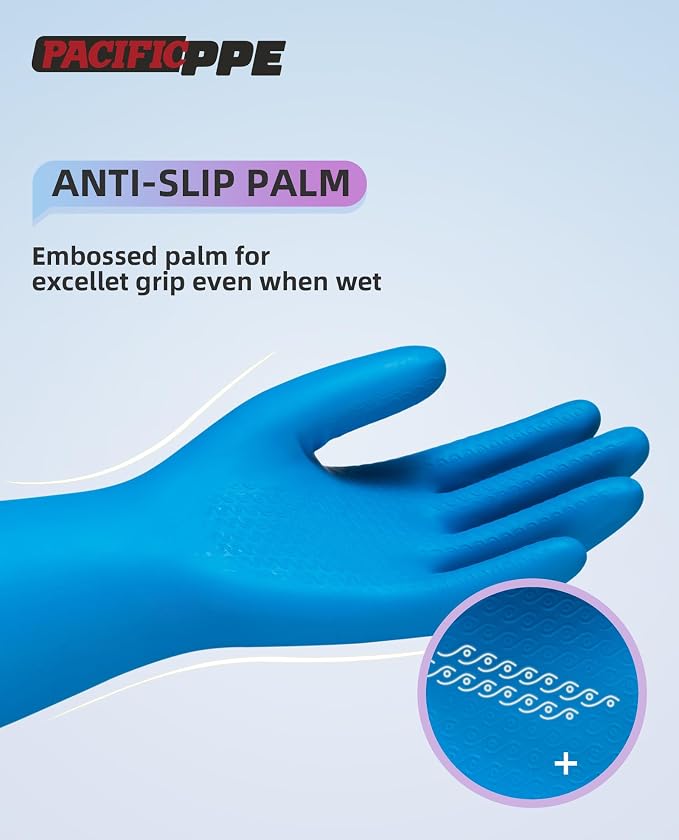 4 Pairs Dishwashing Gloves, Cotton Flocked Liner, Blue, Medium | Waterproof dishwashing gloves with non-slip grip, soft cotton lining, flexible fit for kitchen, bathroom, laundry & cleaning