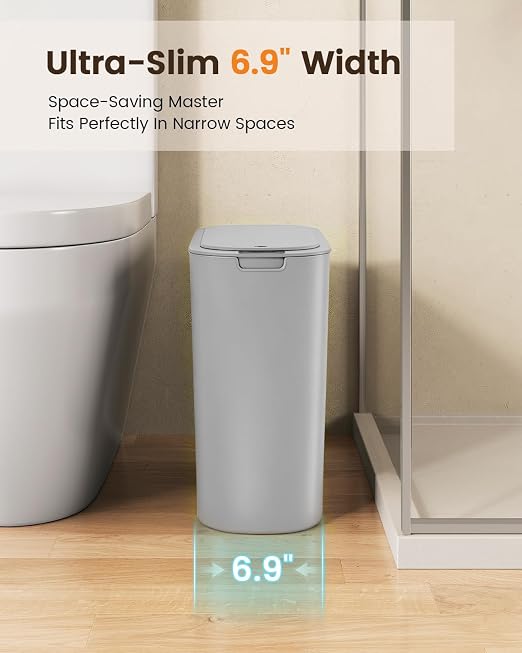 TIPGO 5 Gallon Automatic Bathroom Trash Can with Lid, Gray, Touchless | Motion Sensor, Slim Smart Garbage Bin, Plastic Wastebasket, Battery Operated, Manual Button, for Bedroom, Office,RV
