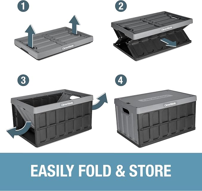 CleverMade Collapsible Storage Bin (With Lid) - 46L - Stone (3PK) | Keep Stored Items Covered and Stackable | Each Bin Holds 75 lb, the Lid Stores Underneath, and the Crate Folds to 2.5 Inches